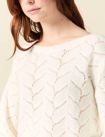 Pull ajour&eacute; col bateau manches longues ecru femme