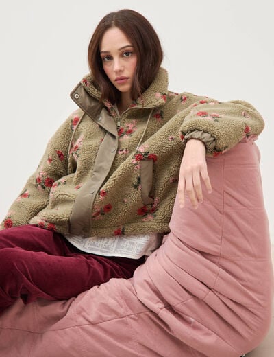 Blouson oversize sherpa col montant vert femme