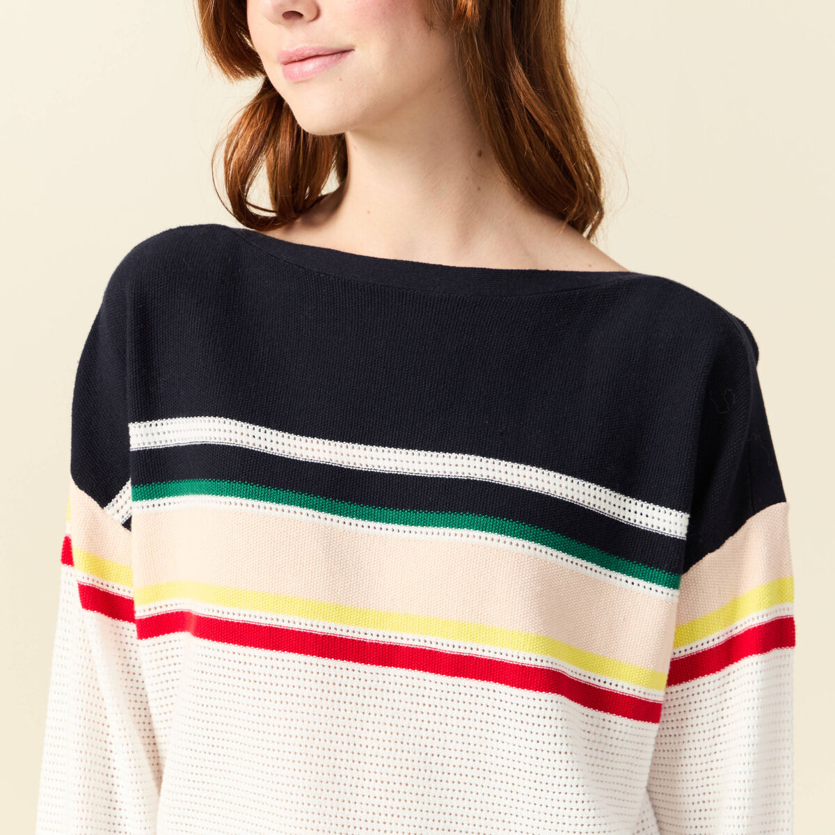 Pull col bateau manches longues en coton bleu marine femme