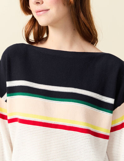 Pull col bateau manches longues en coton bleu marine femme