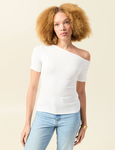 T-shirt asymétrique manches courtes ecru femme