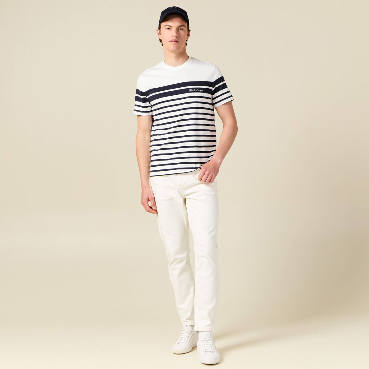 T-shirt ray&eacute; col rond manches courtes ecru homme