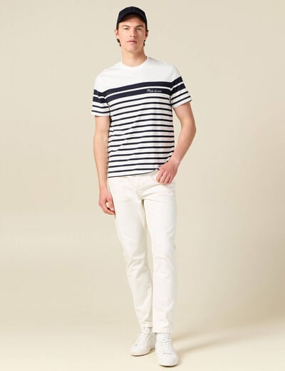 T-shirt ray&eacute; col rond manches courtes ecru homme