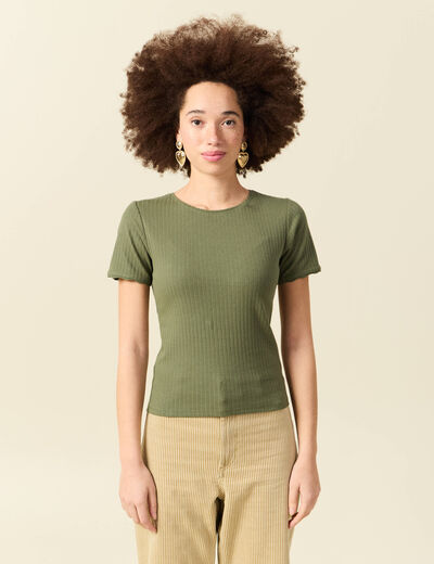 T-shirt manches courtes c&ocirc;tel&eacute; vert kaki femme
