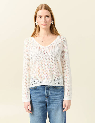 Pull manches longues ajouré ecru femme