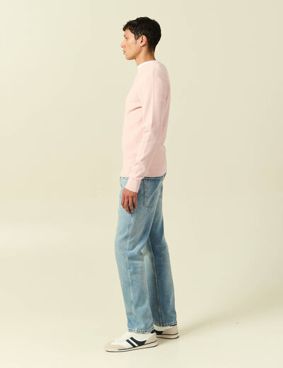 Pull fin col rond manches longues rose poudr&eacute;e homme