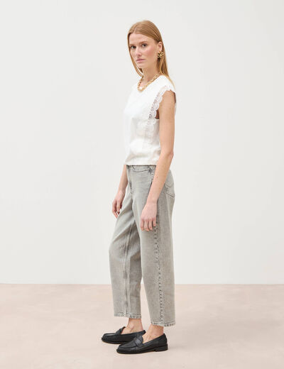 T-shirt col rond sans manches en coton ecru femme
