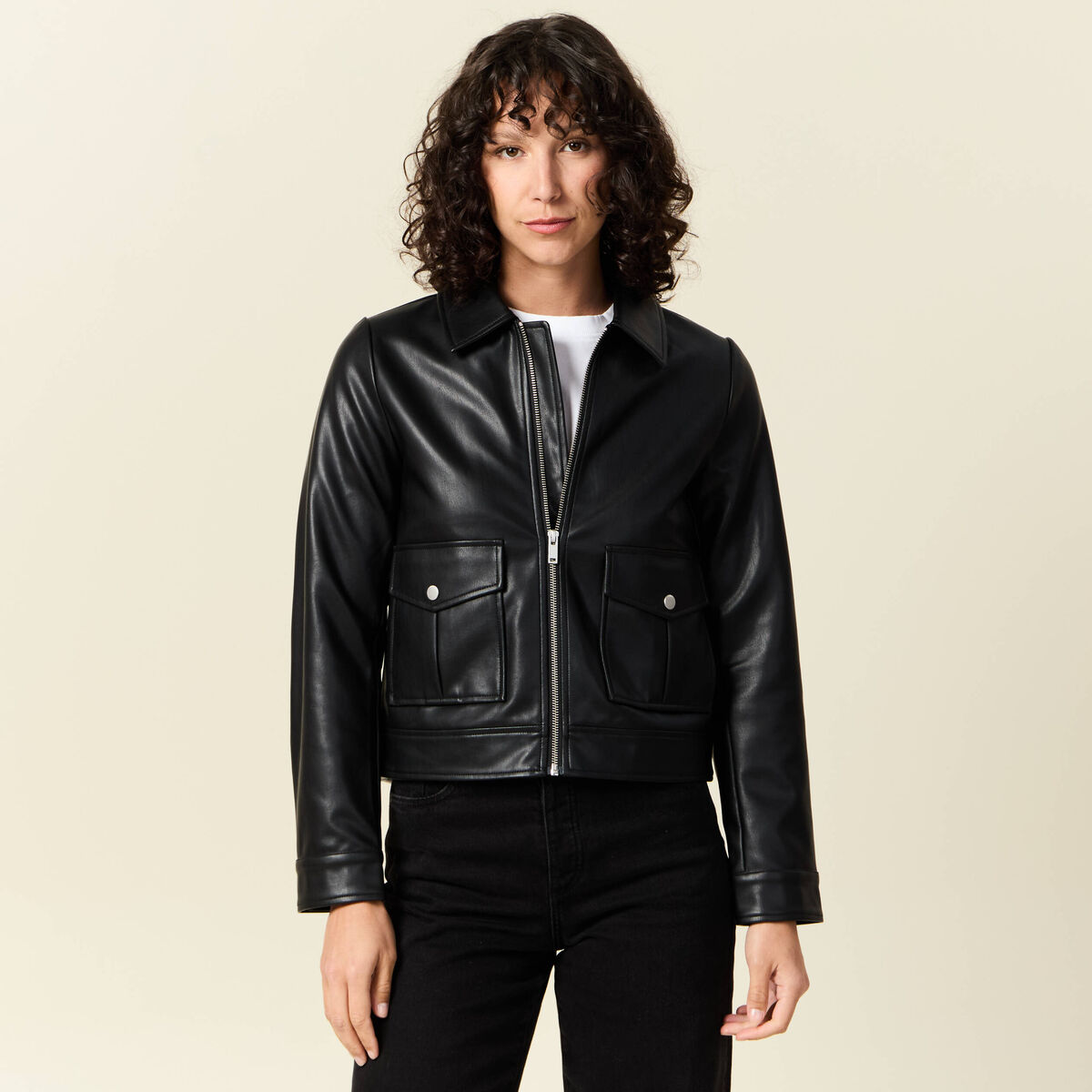Blouson simili cuir noir femme