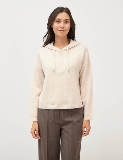 Pull &agrave; capuche zipp&eacute; beige femme
