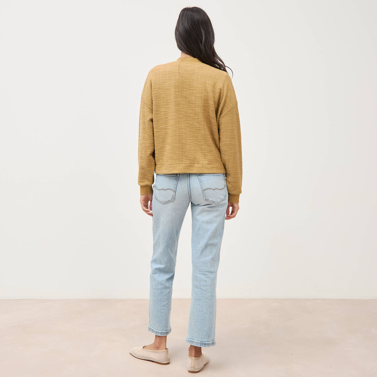 Veste droite manches longues tweed camel femme
