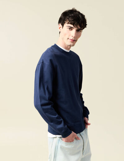 Sweat col rond manches longues en coton bleu marine homme
