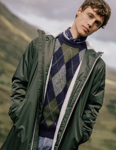 Parka longue droite &agrave; capuche vert kaki homme