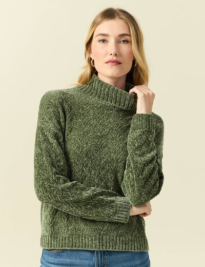 Pull col roul&eacute; manches longues vert kaki femme