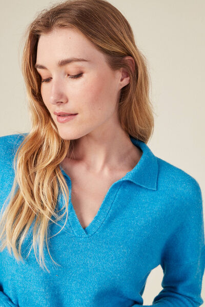 Pull col polo éco-responsable bleu femme