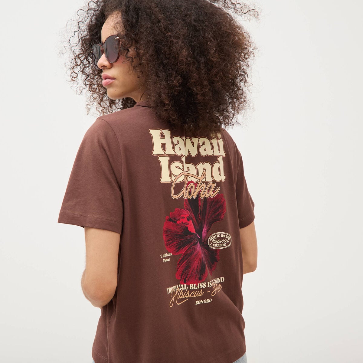 T-shirt droit en coton manches courtes marron cognac femme