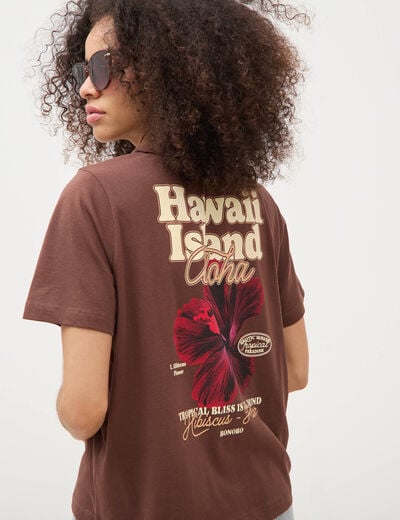 T-shirt droit en coton manches courtes marron cognac femme