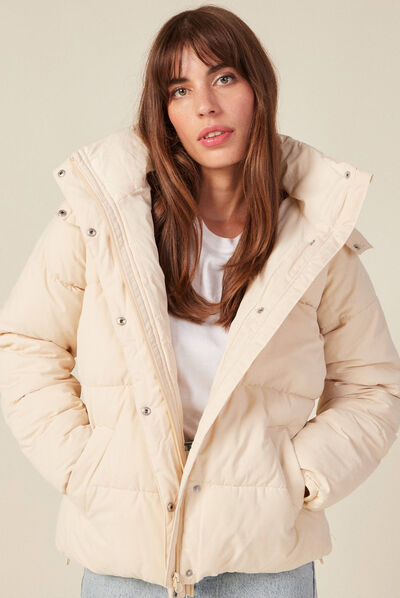 Doudoune droite à capuche beige femme