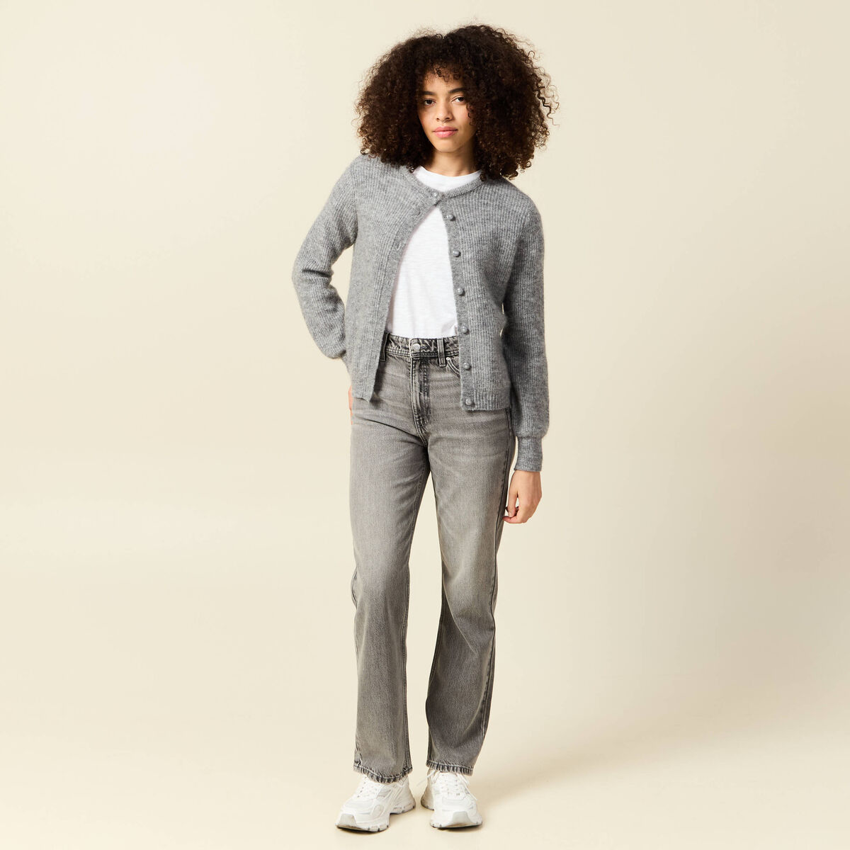 Jeans straight taille haute 7/8ème denim gris clair femme