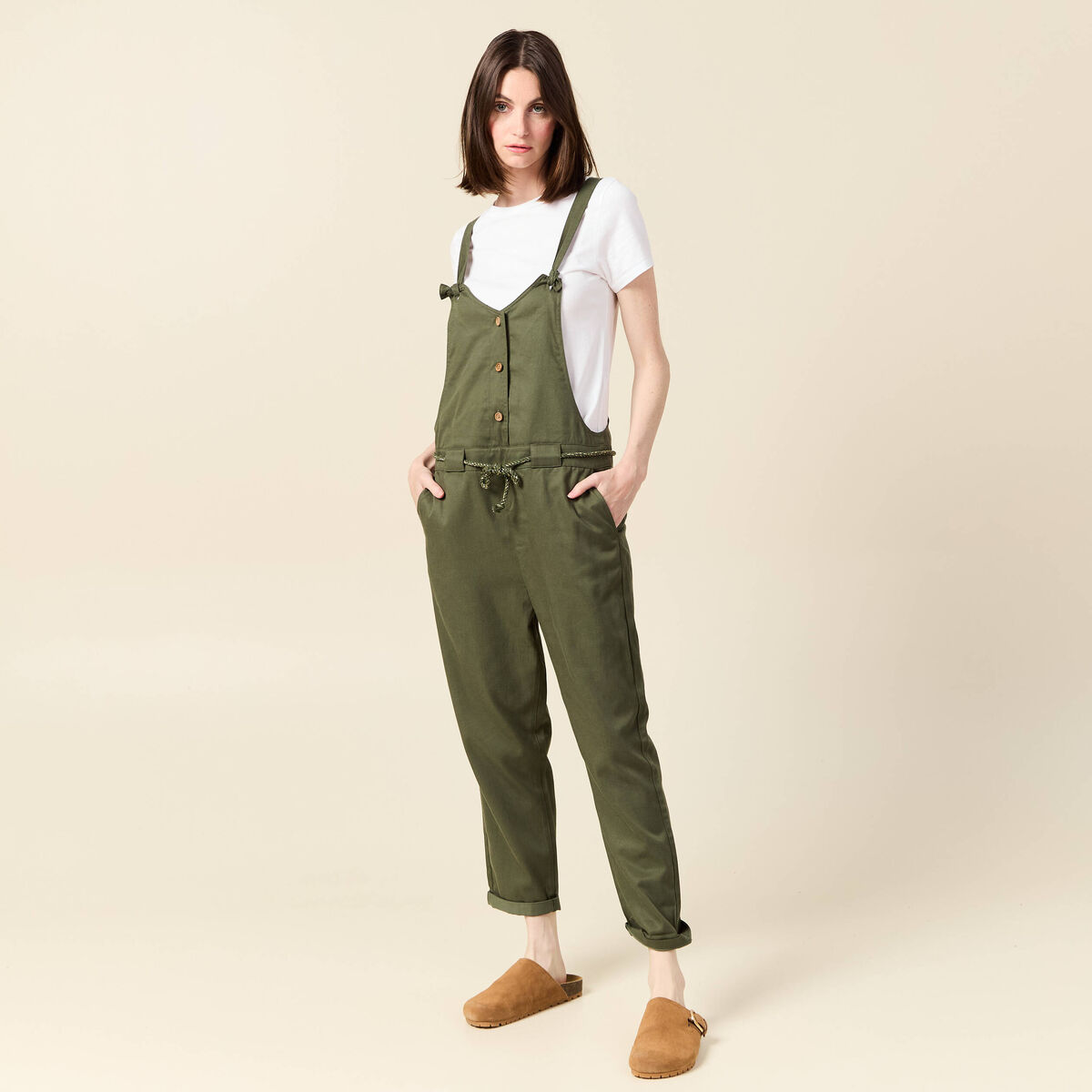 Salopette fluide boutonn&eacute;e vert fonc&eacute; femme