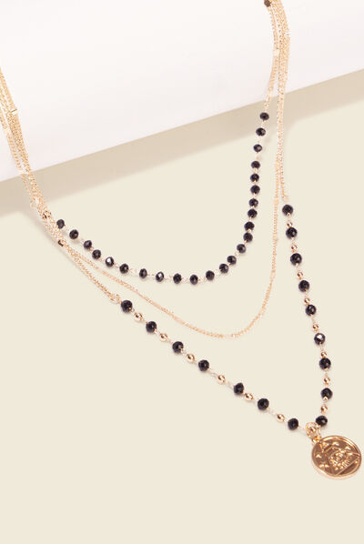 Collier multirangs avec perles noir femme