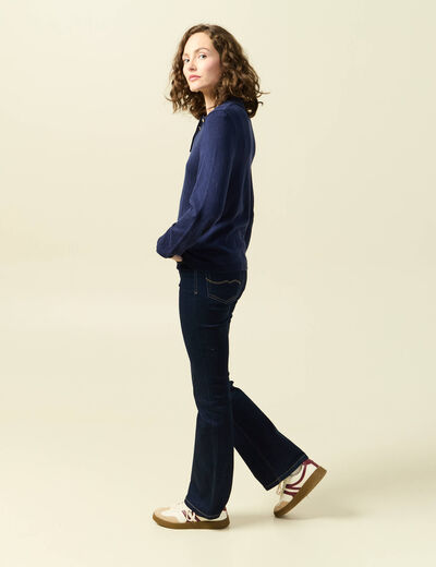Pull ajour&eacute; manches longues en coton bleu marine femme