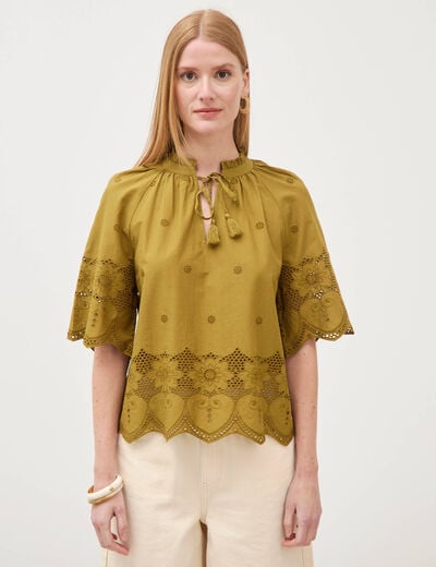 Blouse en coton manches courtes dentelle vert kaki femme