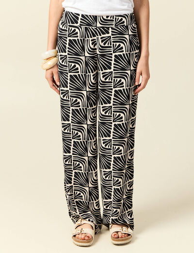 Pantalon large taille haute fluide creme femme