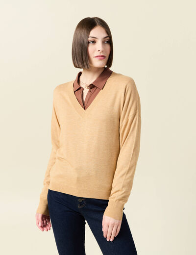 Pull fin col V manches longues marron clair femme