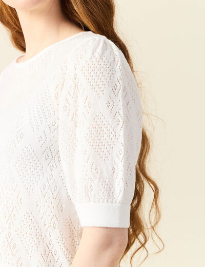 Pull manches courtes ajouré ecru femme