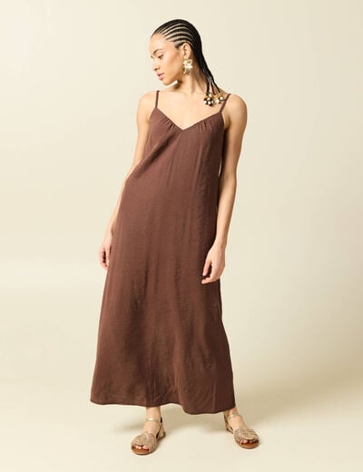 Robe bretelle col v fluide marron fonc&eacute; femme