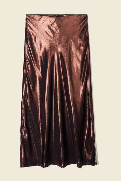 Jupe midi évasée métallisée marron cognac femme