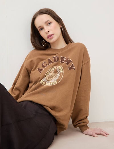 Sweat col rond manches longues marron femme