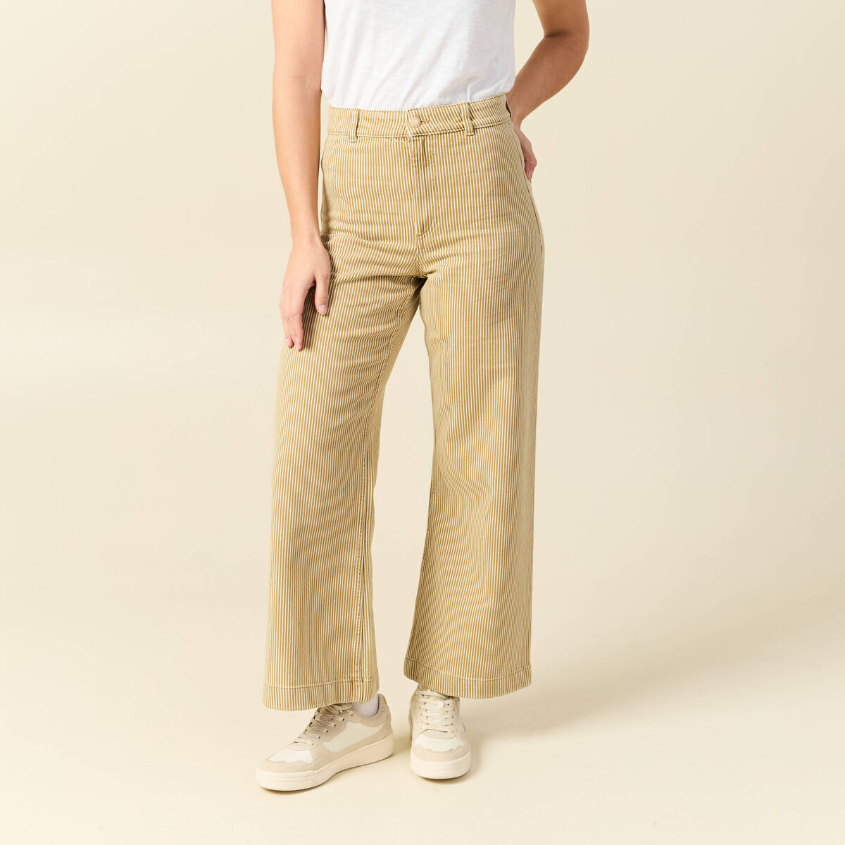 Jeans large ray&eacute; taille haute 7/8&egrave;me beige femme