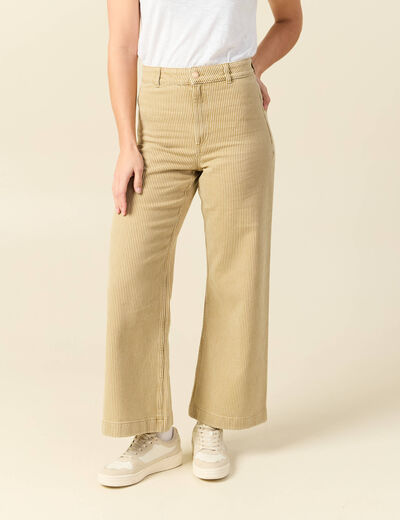 Jeans large ray&eacute; taille haute 7/8&egrave;me beige femme
