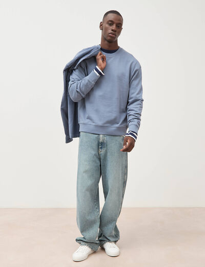 Sweat col rond manches longues en coton bleu gris homme