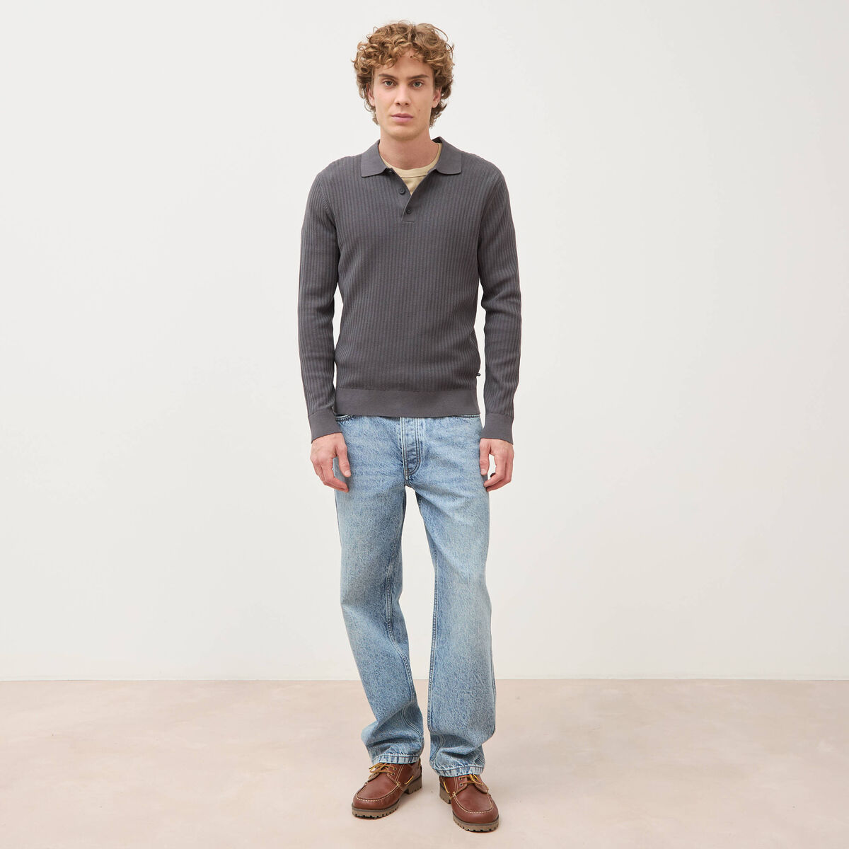 Pull manches longues en coton gris fonc&eacute; homme