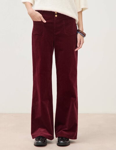 Pantalon flare taille haute en velours bordeaux femme