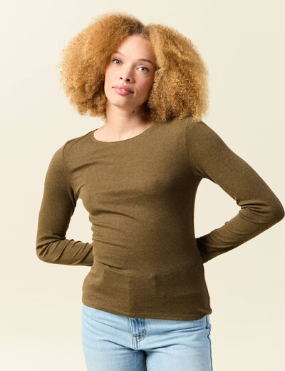 T-shirt cintr&eacute; manches longues col rond vert kaki femme