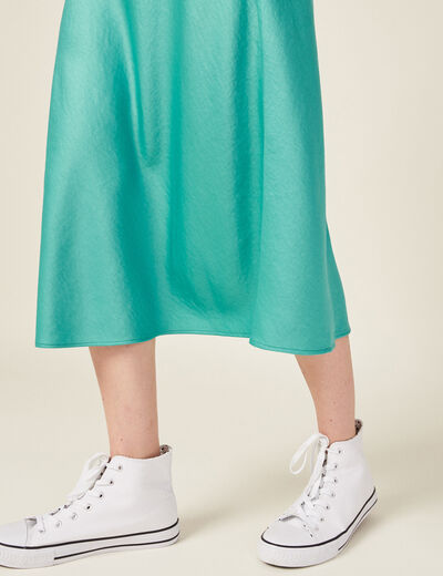 Jupe midi droite satin bleu turquoise femme