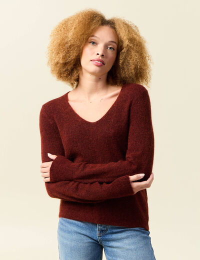Pull col V manches longues orange fonc&eacute; femme