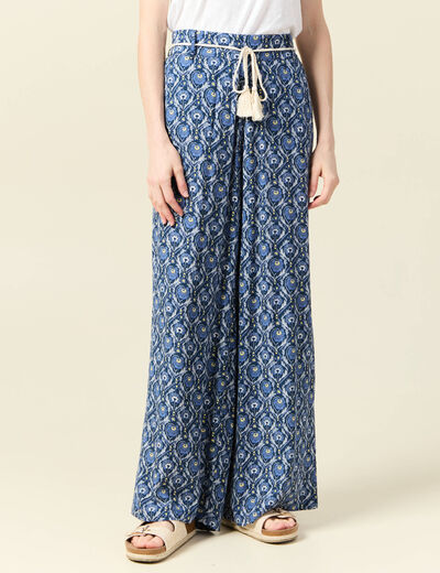 Pantalon large ceinturé bleu femme
