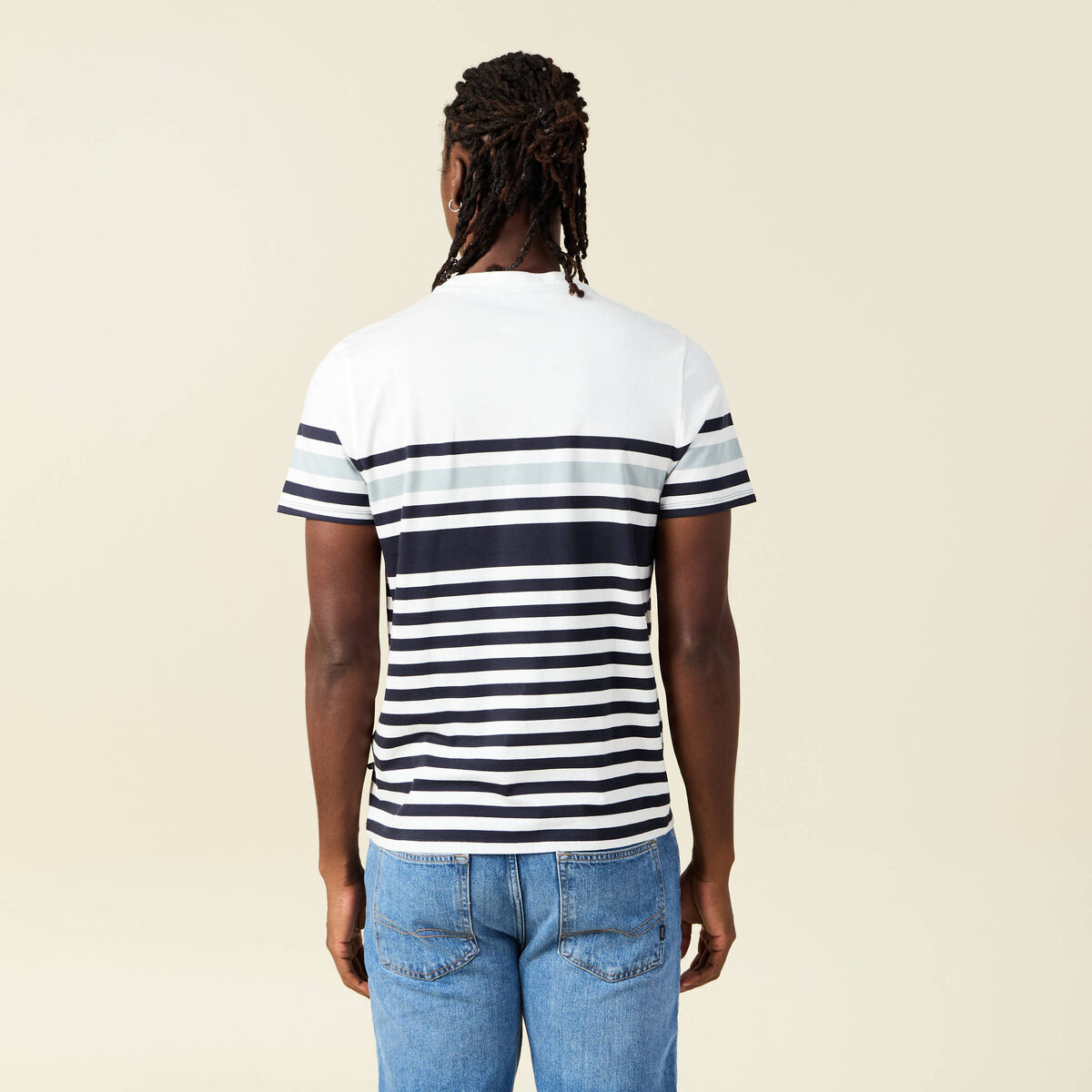 T-shirt ray&eacute; col rond manches courtes bleu marine homme
