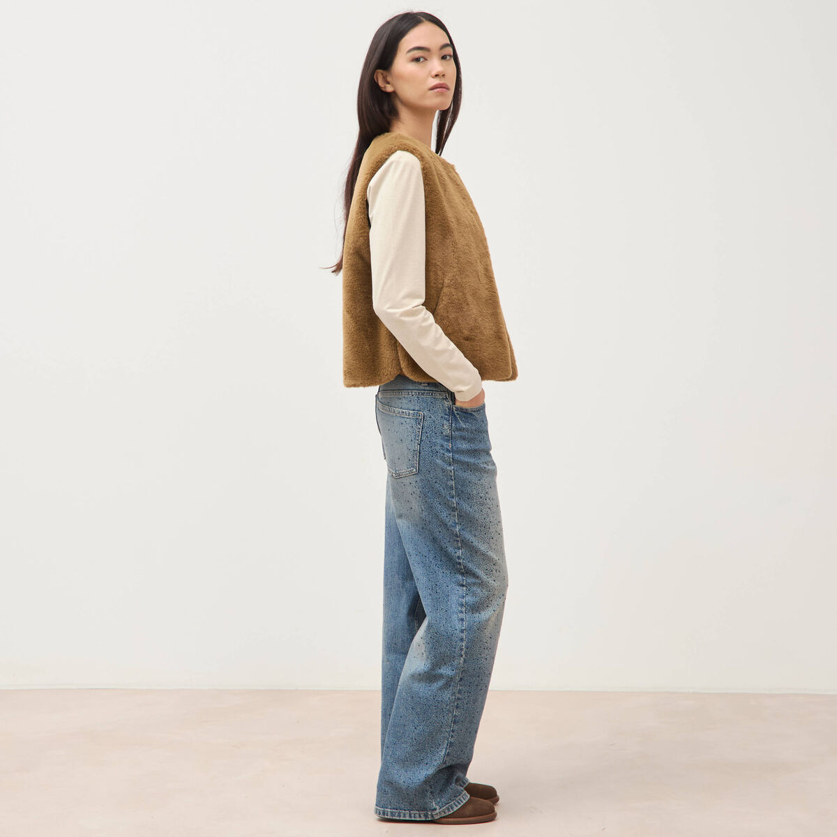 Gilet sans manches doubl&eacute; camel femme