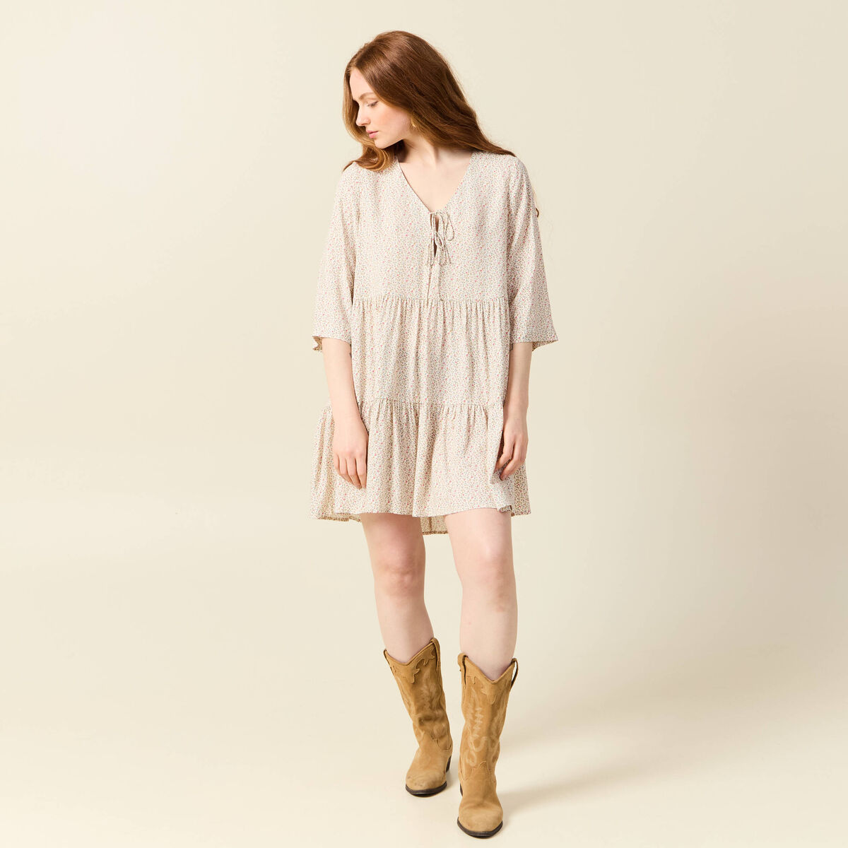 Robe évasée manches 3/4 blanc femme