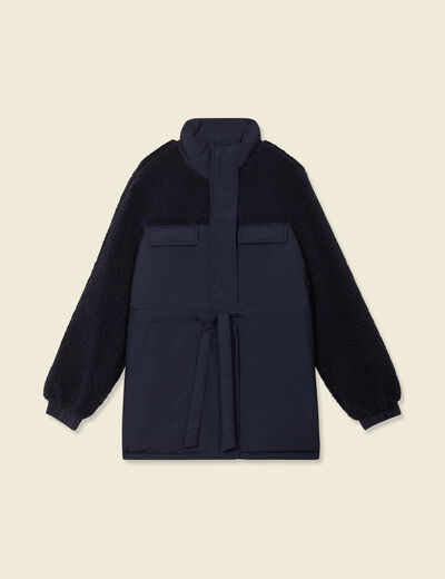 Manteau manches sherpa bleu marine femme