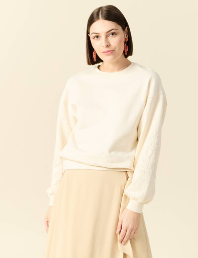 Sweat manches longues brodé ecru femme
