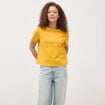 T-shirt droit col rond brod&eacute; en coton jaune or femme