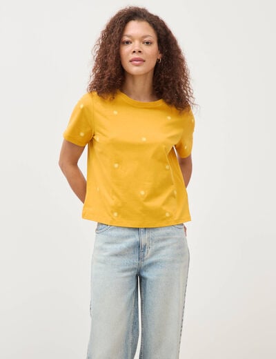T-shirt droit col rond brod&eacute; en coton jaune or femme