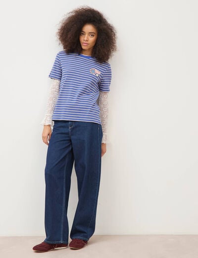 T-shirt ray&eacute; col rond manches courtes bleu electrique femme
