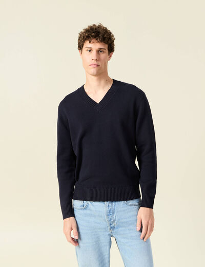 Pull fin col v manches longues bleu marine homme